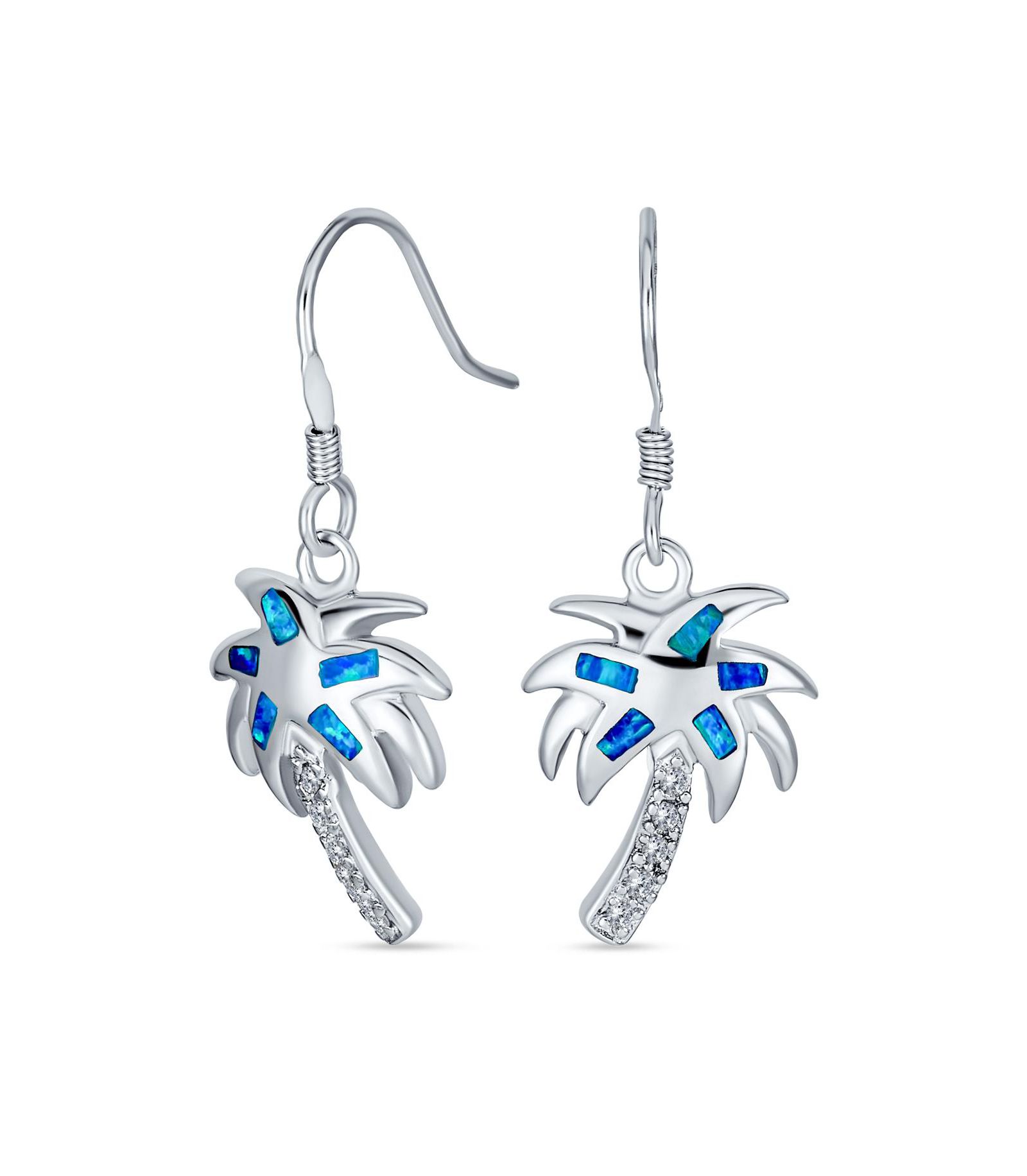 Серьги Bling Jewelry Tropical Blue Opal Inlay Palm Tree Dangle Sterling Silver
