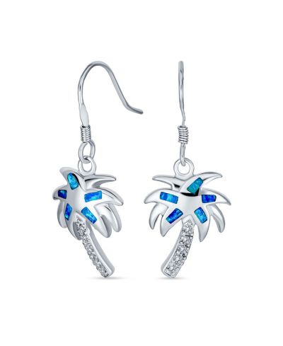 Bling Jewelry Tropical Created Blue Opal Inlay Palm Tree Dangle Earrings Sterling Silver