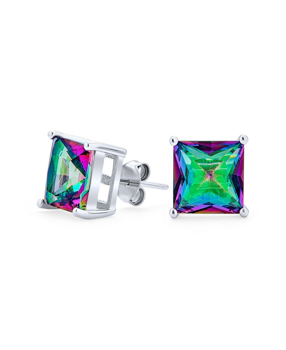 Серьги-гвоздики Bling Jewelry мистические радужные квадратные с фианитом, серебро 925 пробы, 10 мм