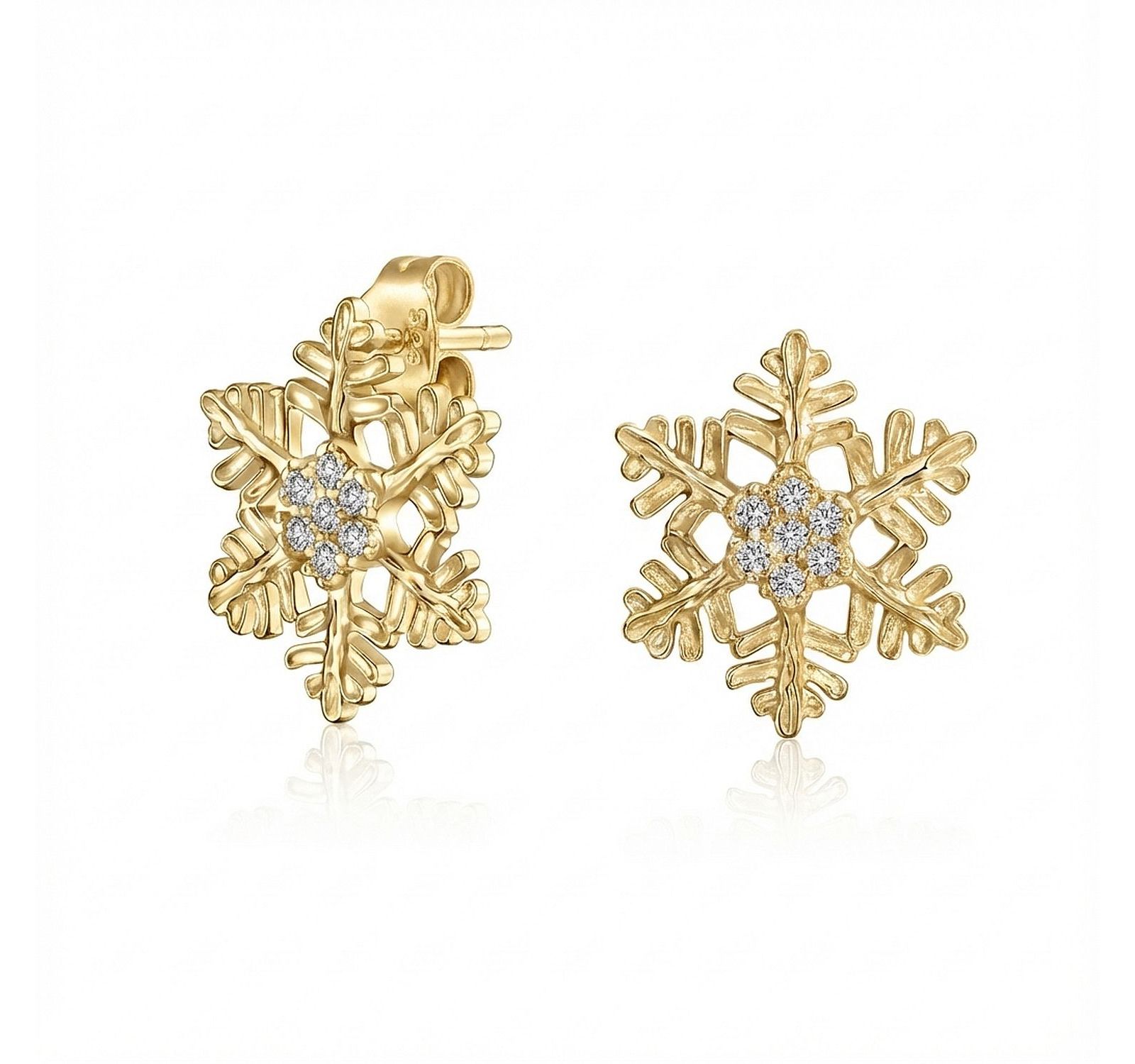 Серьги-гвоздики Bling Jewelry.925 Sterling Silver Snowflake, 14K Yellow Gold Plated