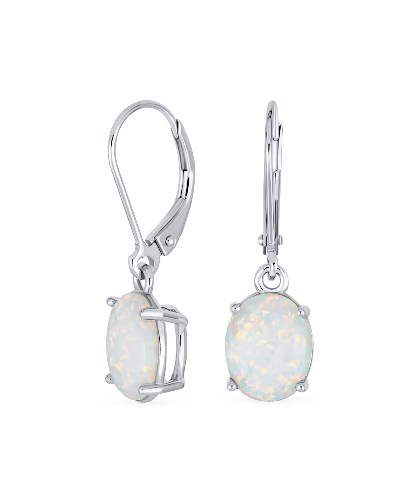 Bling Jewelry White Created Opal Oval Solitaire Dangle Earrings Sterling Silver Leverback