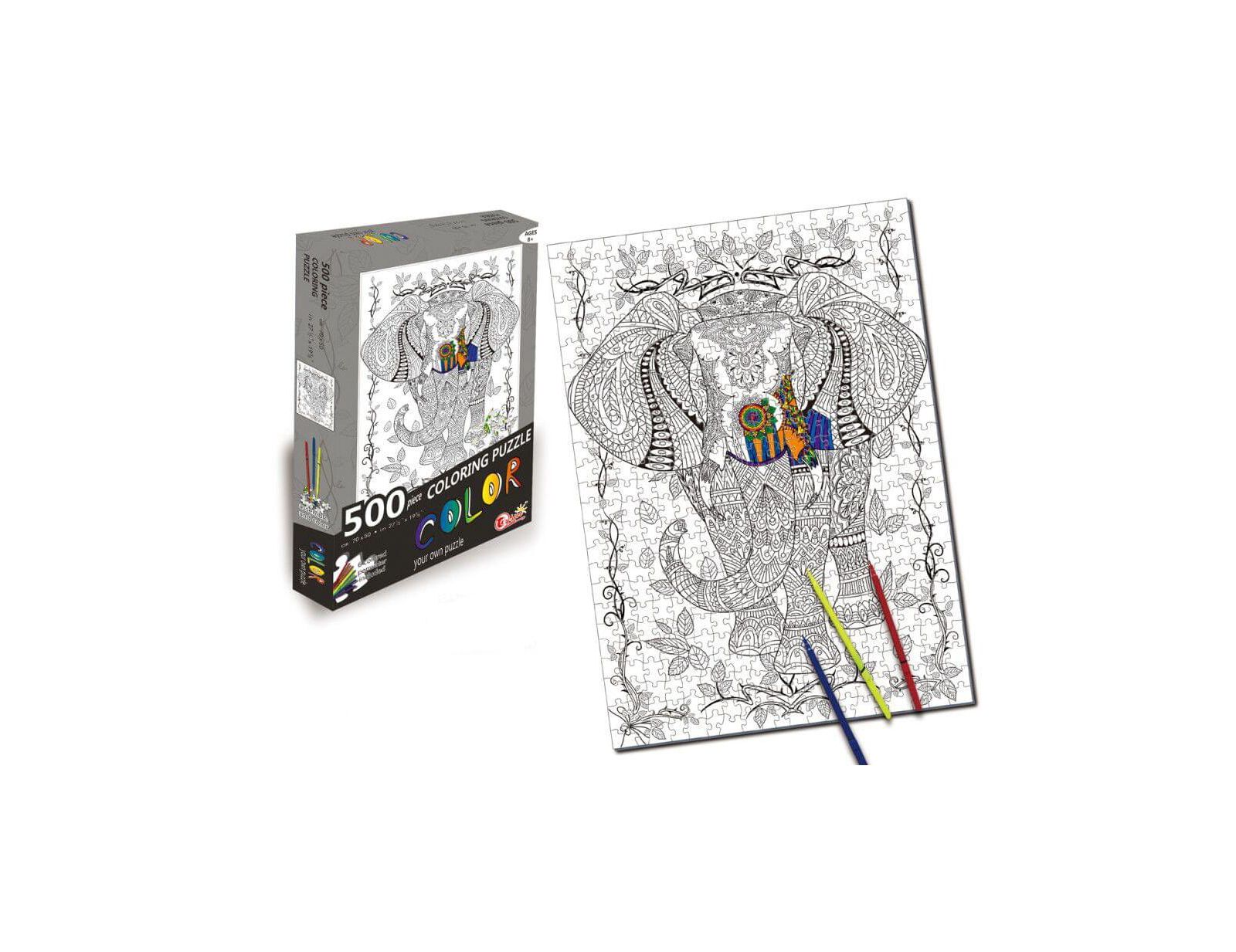 Elephant 500 Piece Coloring Jigsaw Puzzle + 6 Markers