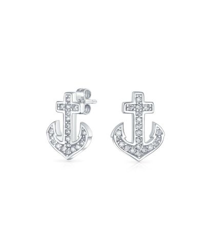 Bling Jewelry Nautical Sea Boat Anchor Stud Earrings Pave CZ .925 Sterling Silver