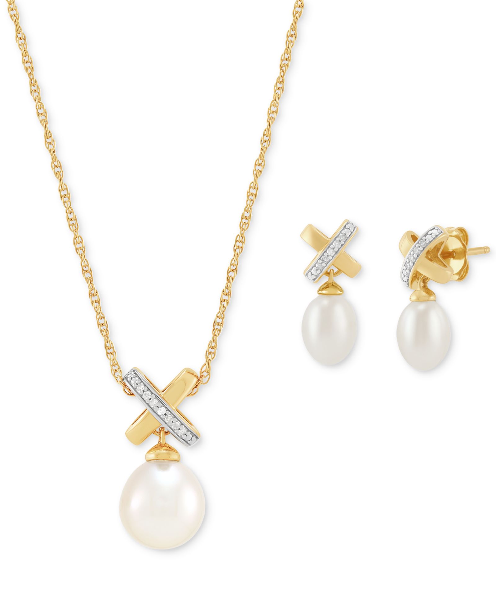 2-Pc. Set Cultured Freshwater Pearl (6 & 8mm) and Diamond Accent X Pendant Necklace & Matching Drop Earrings in 14k Gold-Plated Sterling Silver