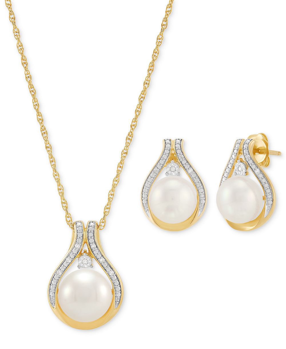 2-Pc. Set Cultured Freshwater Pearl (8 & 9mm) & Diamond Accent Halo Pendant Necklace & Matching Stud Earrings in 14k Gold-Plated Sterling Silver