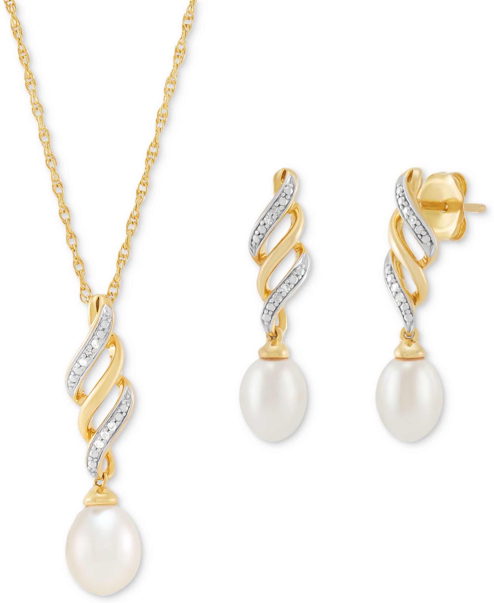 2-Pc. Set Cultured Freshwater Pearl (6 & 7mm) & Diamond Accent Swirl Pendant Necklace & Matching Drop Earrings in 14k Gold-Plated Sterling Silver