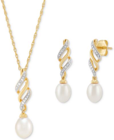 2-Pc. Set Cultured Freshwater Pearl (6 & 7mm) & Diamond Accent Swirl Pendant Necklace & Matching Drop Earrings in 14k Gold-Plated Sterling Silver