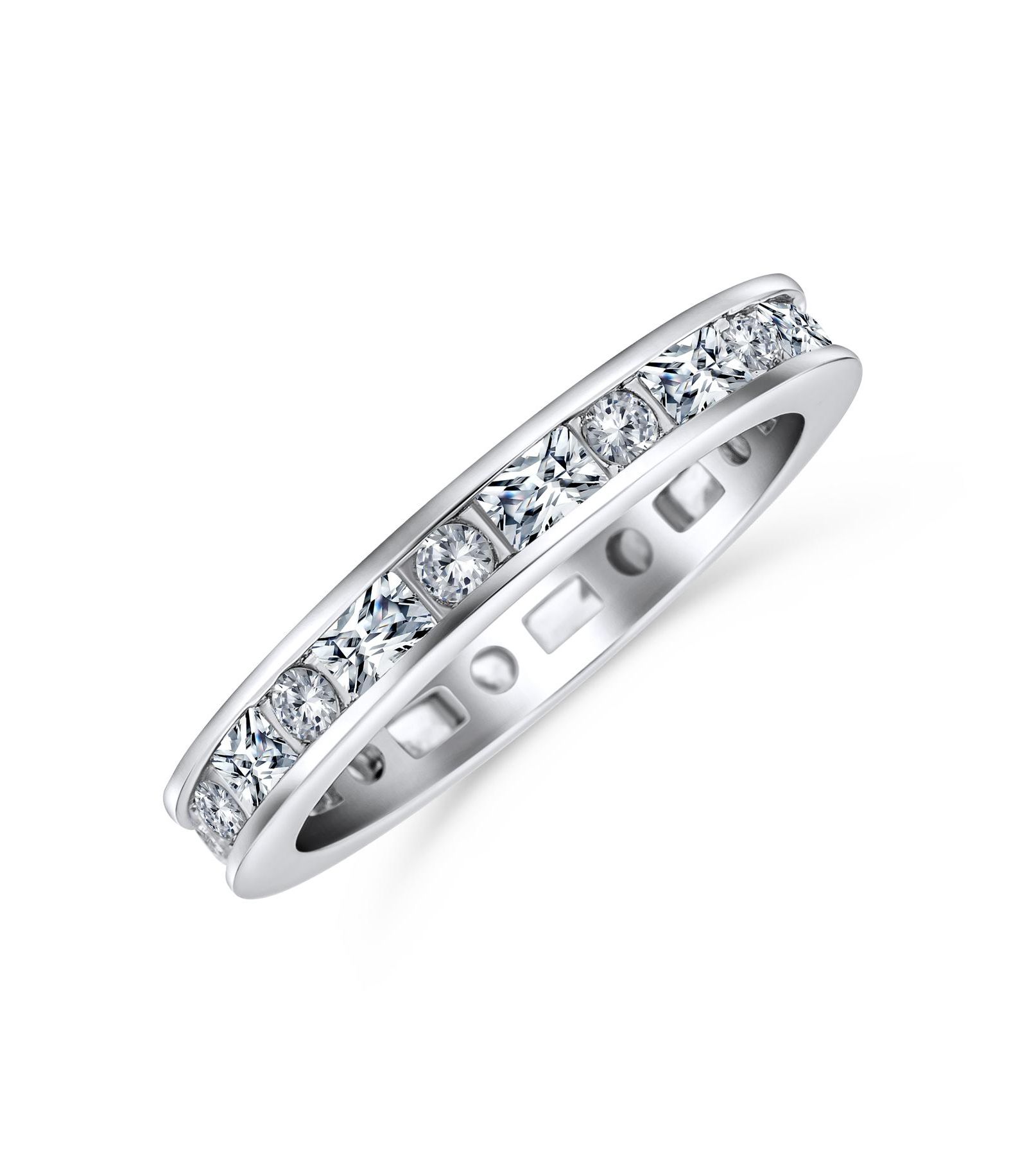 Кольцо Bling Jewelry Minimalist Thin Pave Round Baguette Eternity, 925 Sterling Silver 2MM