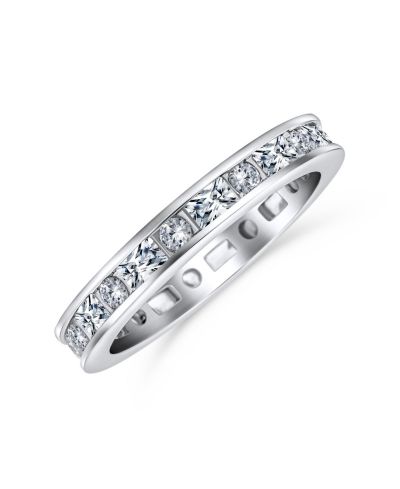 Кольцо Bling Jewelry Minimalist Thin Pave Round Baguette Eternity, 925 Sterling Silver 2MM