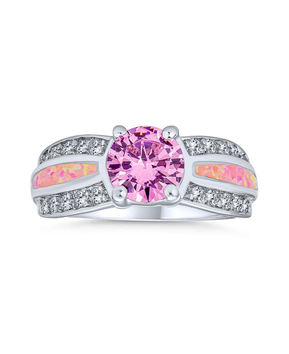 Bling Jewelry Elegant Rose CZ Solitaire Cocktail Ring Pink Opal Band .925 Sterling Silver