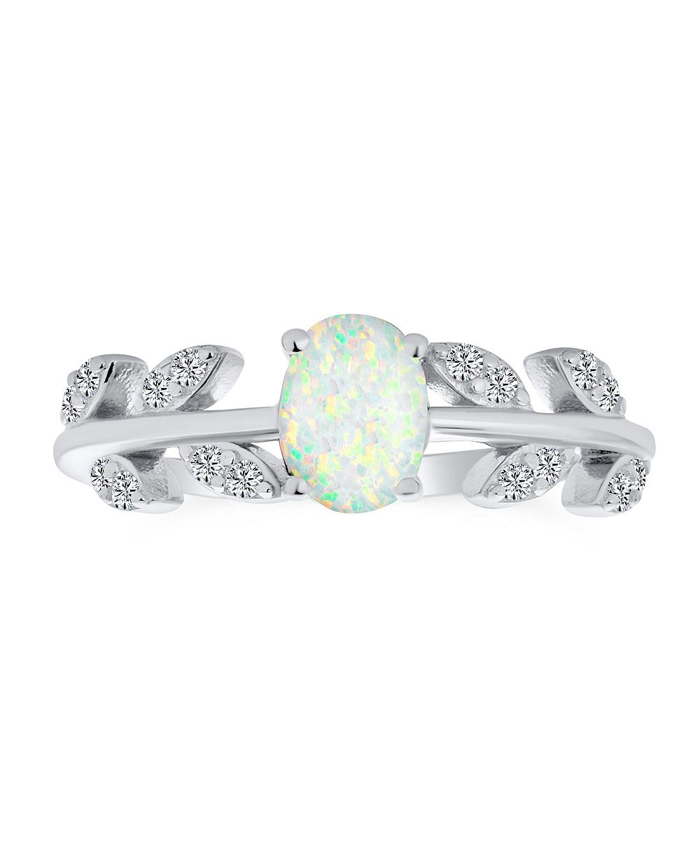 Bling Jewelry White Oval Created Opal CZ Accent Leaf Ring Band .925 Sterling Silver