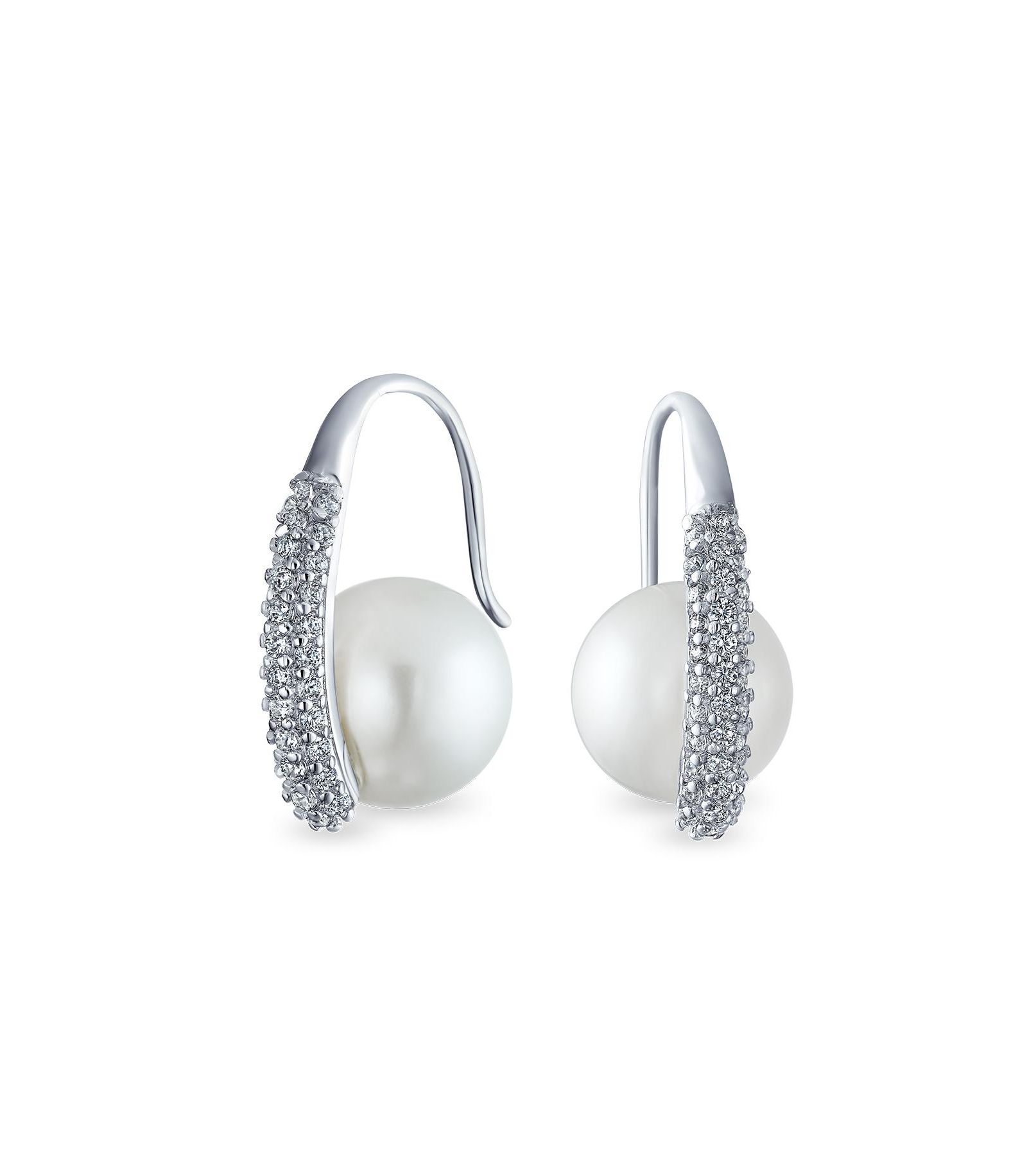 Серьги Bling Jewelry Bridal Faux White Pearl, Pave CZ Accent Fish Hook, Rhodium Plated