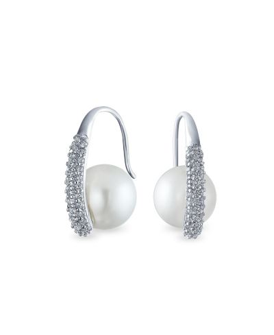 Серьги Bling Jewelry Bridal Faux White Pearl, Pave CZ Accent Fish Hook, Rhodium Plated