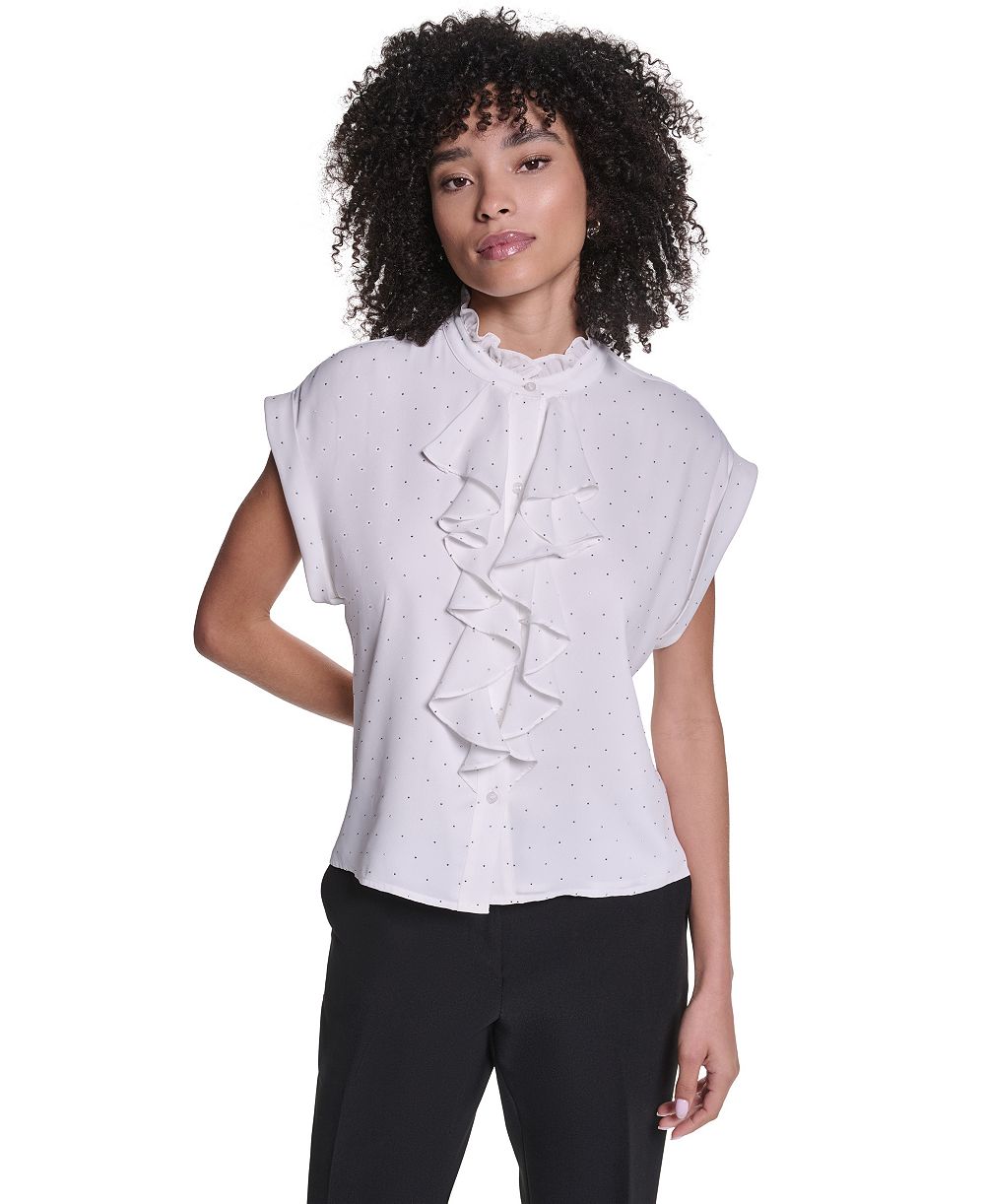 KARL LAGERFELD PARIS Women's Studded Ruffled Button-Front Shirt