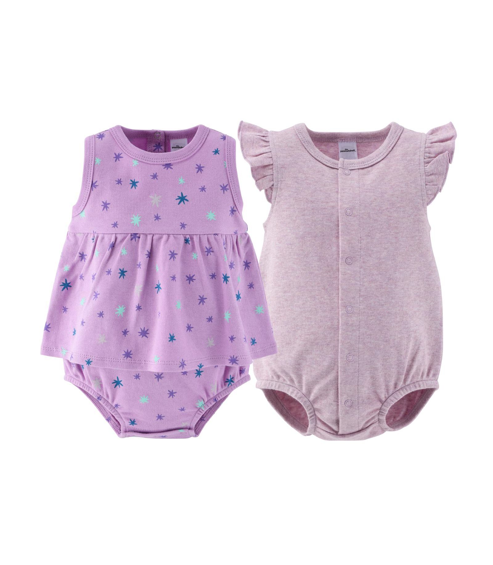 The Peanutshell Baby Girls Rompers - Lilac Stars, 2 Pack