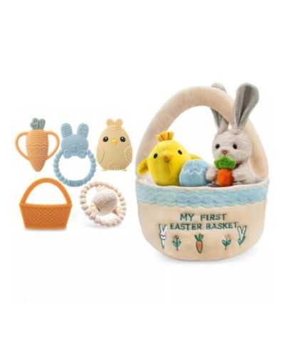 Sperric Toddler Easter Plush and Teether Playset, Includes Bunny, Carrot, Chicken, Rattle Egg & Basket, Perfect Sensory and Decorative Gift Newborns