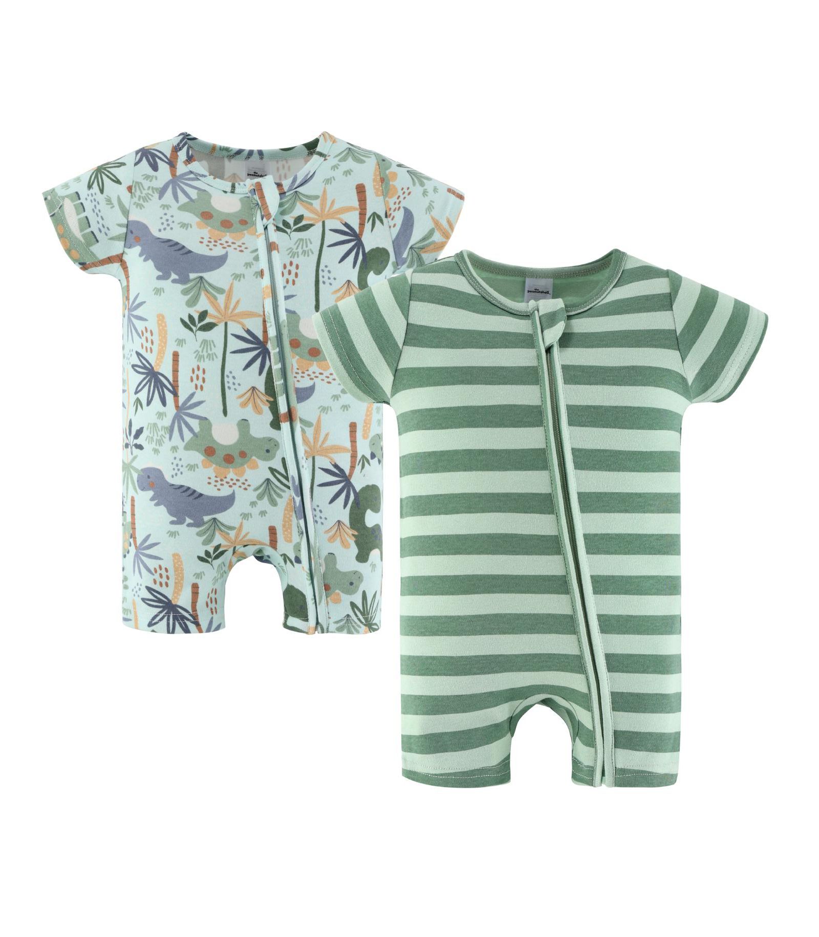The Peanutshell Baby Boys Rompers - 2 Pack, Green Dino