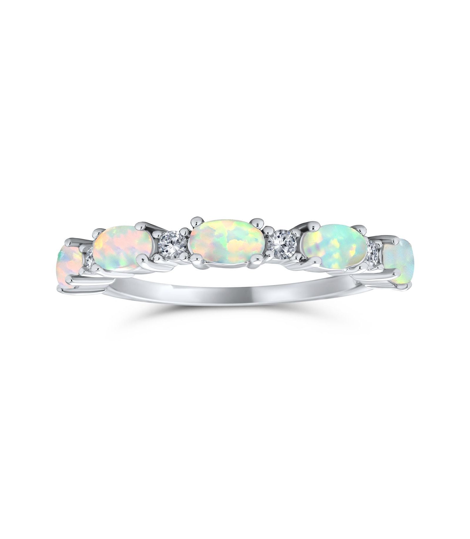 Bling Jewelry Thin CZ Accent Stackable Oval White Created Opal Band Ring Sterling Silver