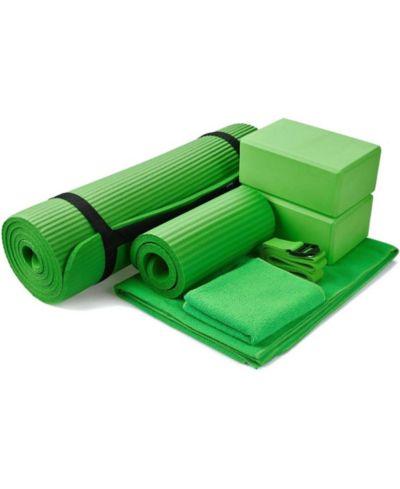 BalanceFrom Fitness 7 Piece Yoga Set with Mat, Stretch Strap and Knee Pad, Green