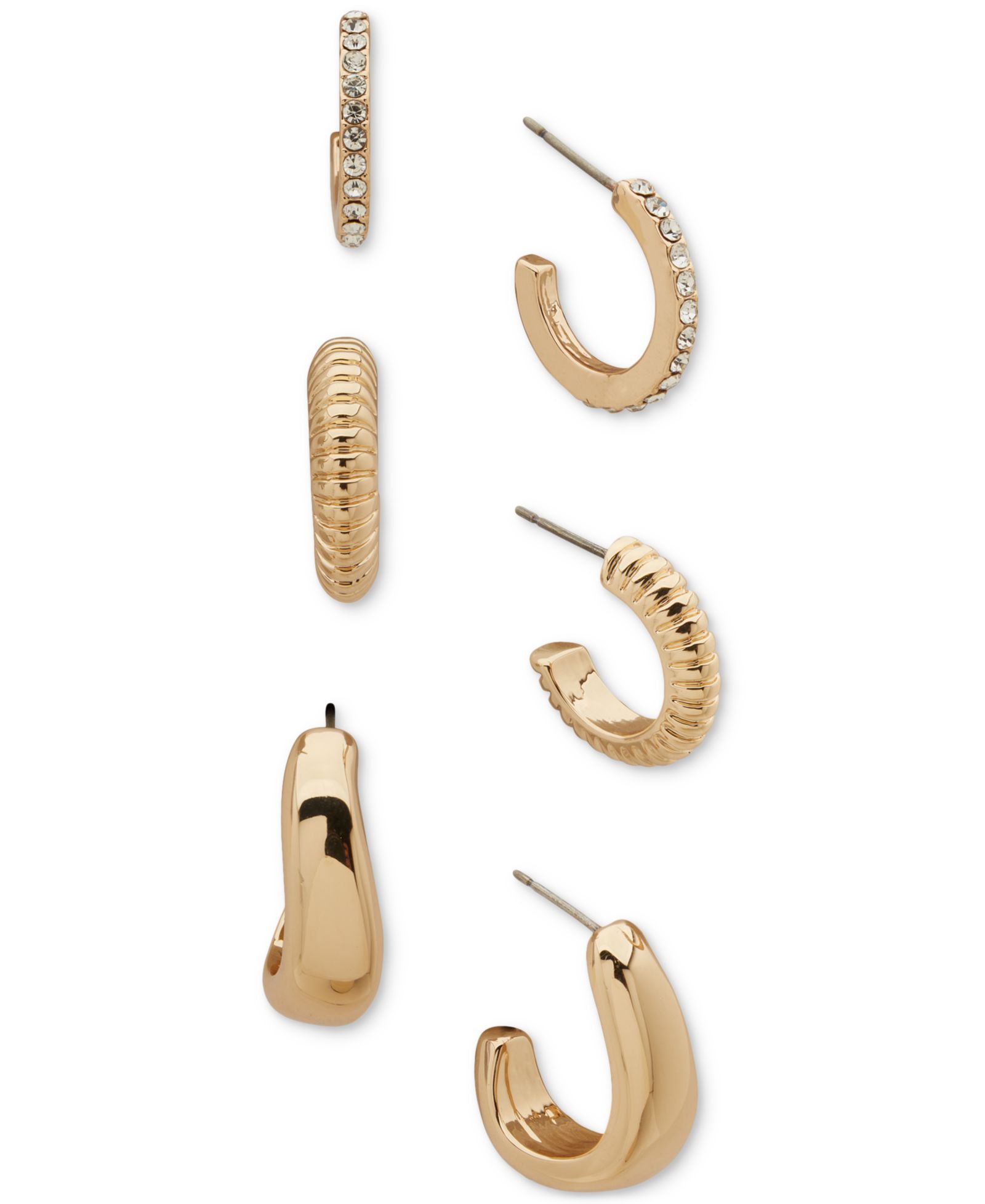 Anne Klein Gold-Tone 3-Pc. Set Crystal, Textured, & Puffy Small Hoop Earrings