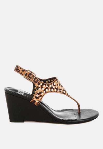 Rag and Co Womens Oidah Leopard Print Studded Wedges