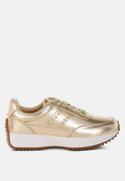 Rag and Co Womens Mujori Metallic Pleather Studded  Sneakers