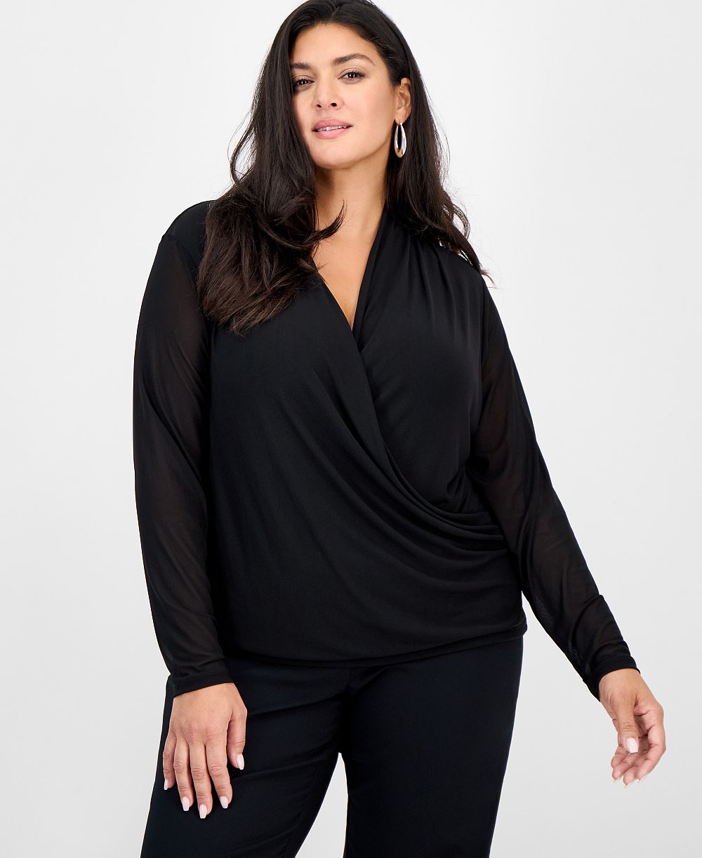 I.N.C. International Concepts Plus Size Mesh Draped Top, Macy's Exclusive