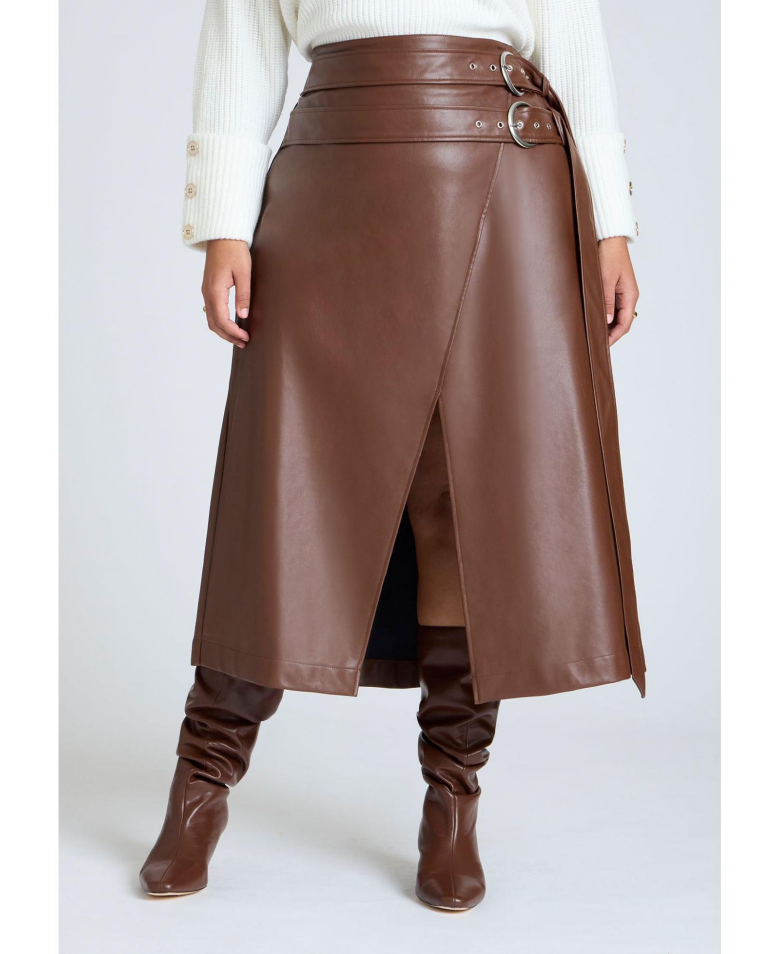 ELOQUII Women's Double Belt Wrap Faux Leather Skirt