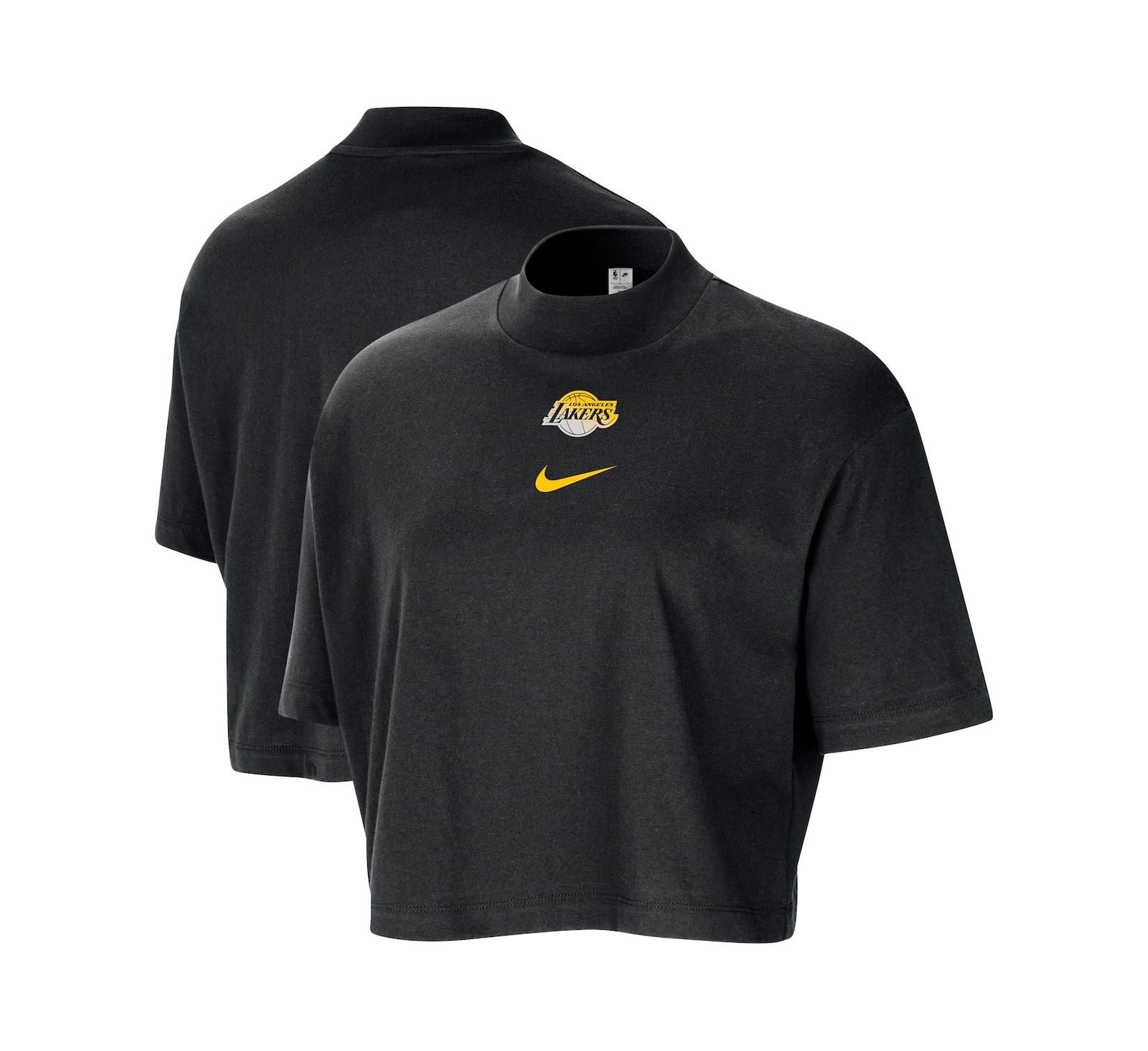 Nike Women's Black Los Angeles Lakers Courtside Mock Neck Loose Fit Cropped T-Shirt