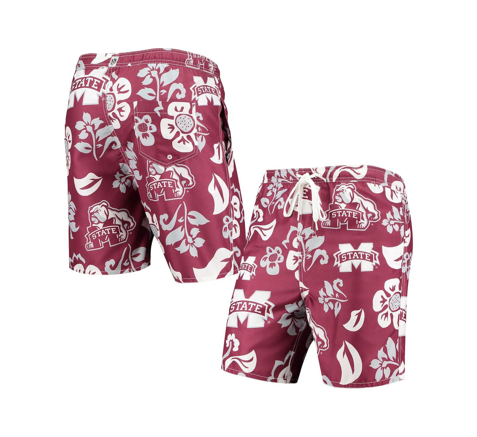 Wes & Willy Men's Maroon Mississippi State Bulldogs Floral Volley Logo Swim Trunks