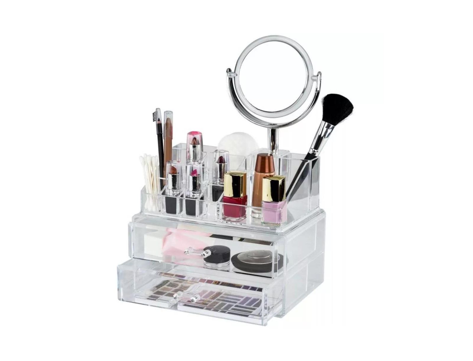 Clear Makeup Organizer with Vanity Mirror, 15 Easily Sort Compartments & 2 Drawers, Acrylic Compact Makeup Organizer for Cosmetics & Jewelry