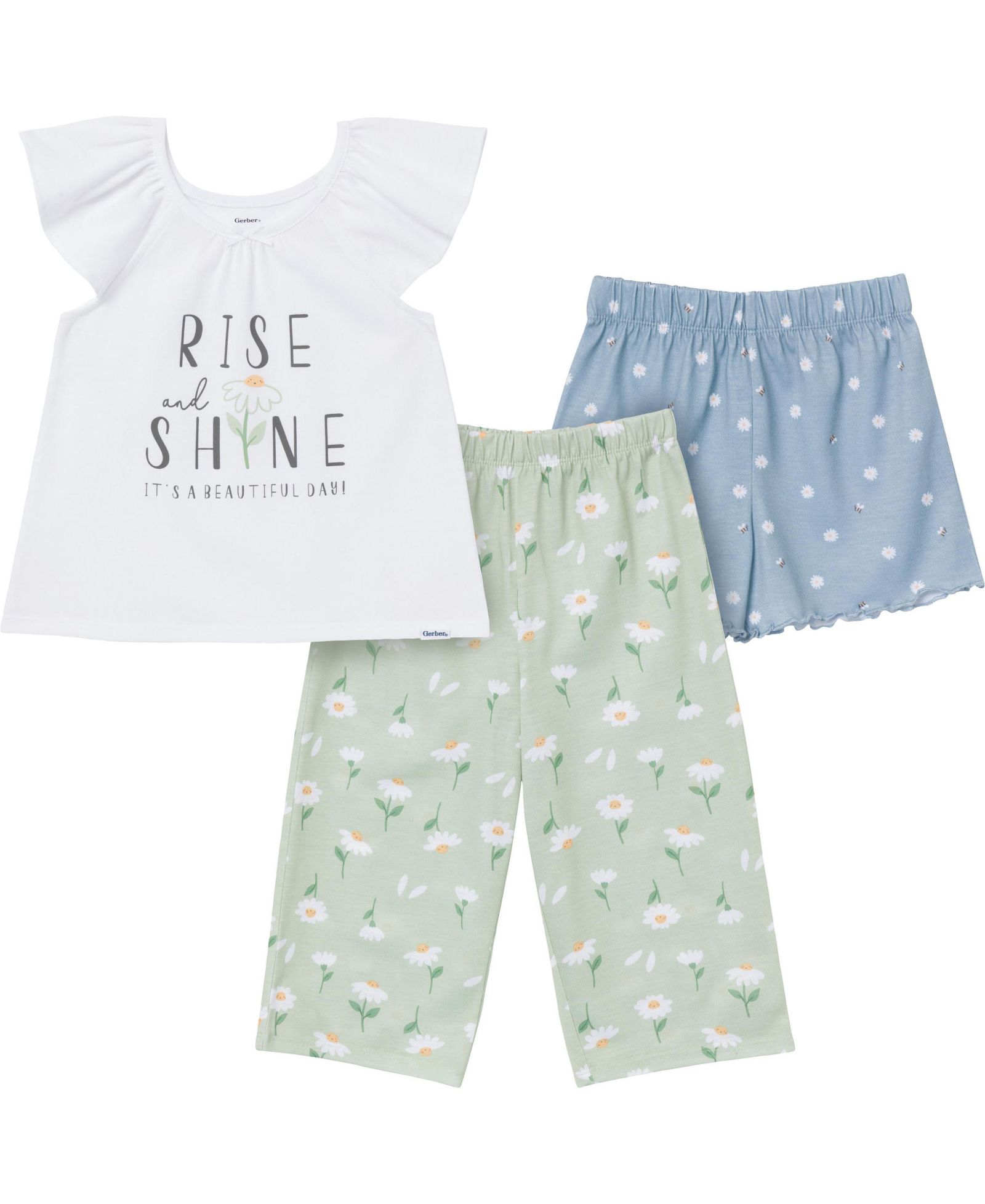 Детский комплект пижам Gerber 3-Piece T-Shirt 2T-5T Shorts and Pants, Daisies