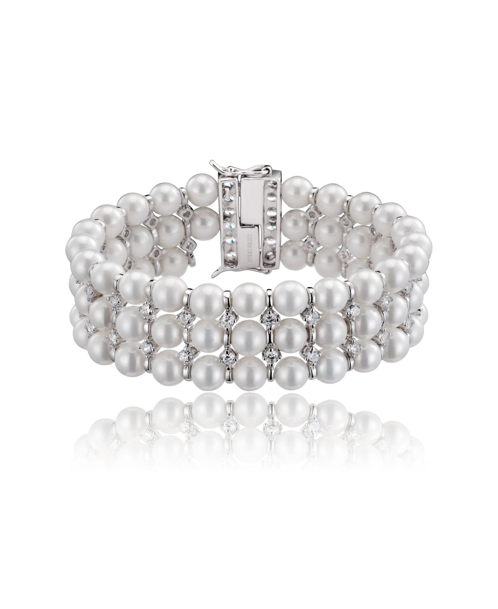 Genevive Elegant White Gold Plated CZ and 3 Row Pearl Statement Bracelet