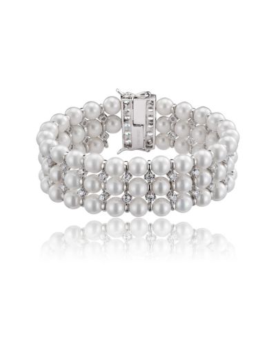 Genevive Elegant White Gold Plated CZ and 3 Row Pearl Statement Bracelet