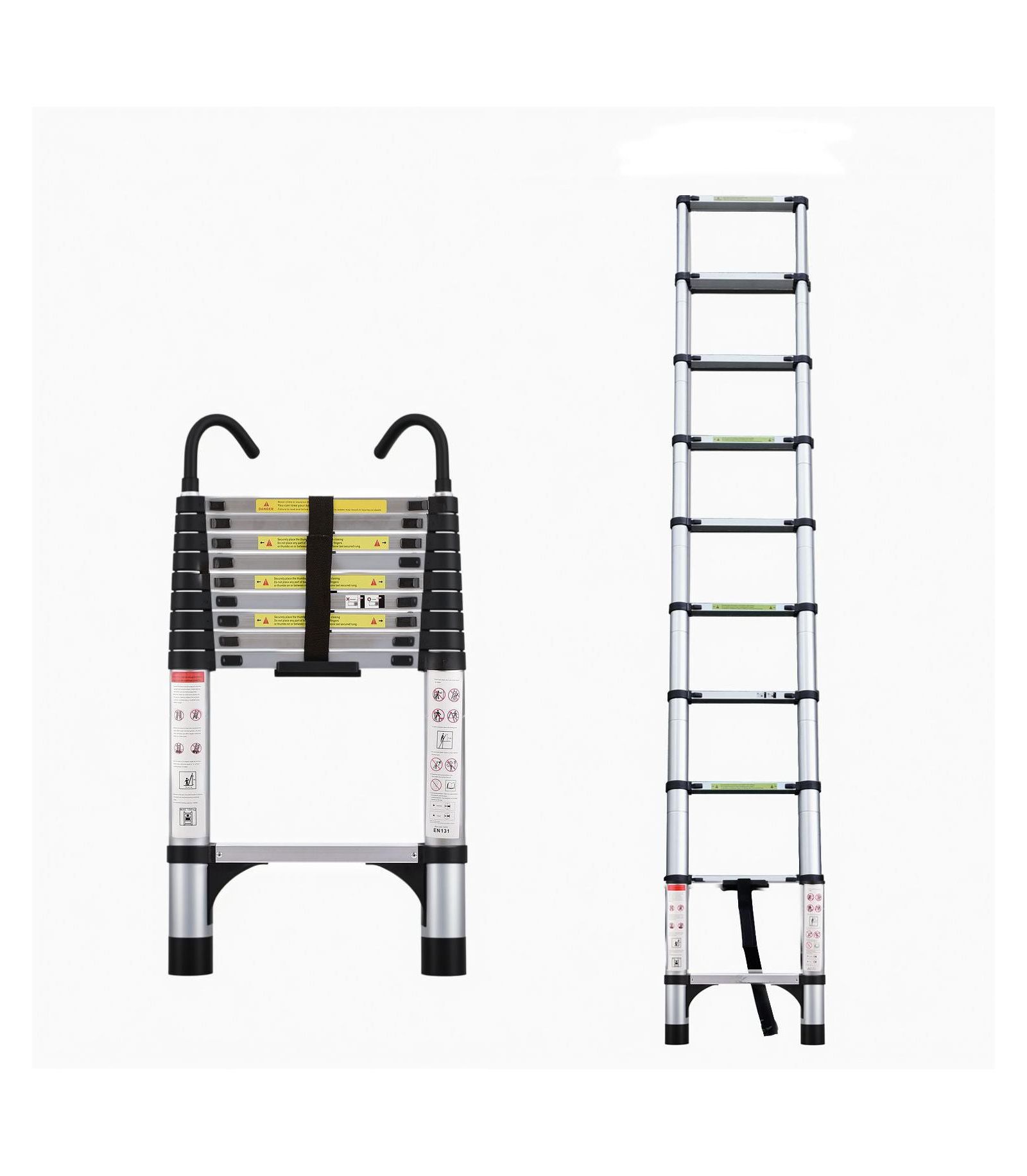 Telescopic ladder, 9.5 foot aluminum button telescopic ladder with 2 triangular stabilizers and hooks, multi-purpose ladder, maximum load-bearing capacity of 330 pounds,suitable  for industrial