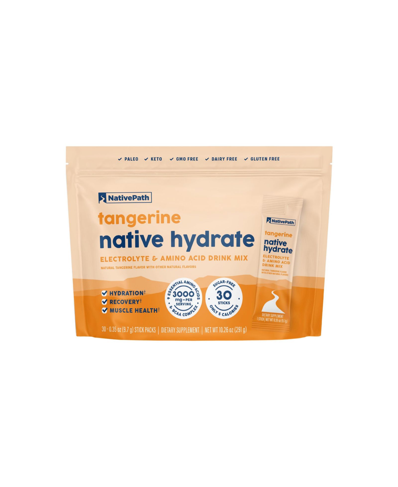NativePath порошок Native Hydrate Stick, без сахара, с BCAAs, Tangerine, Keto & Paleo Friendly, 30 порций