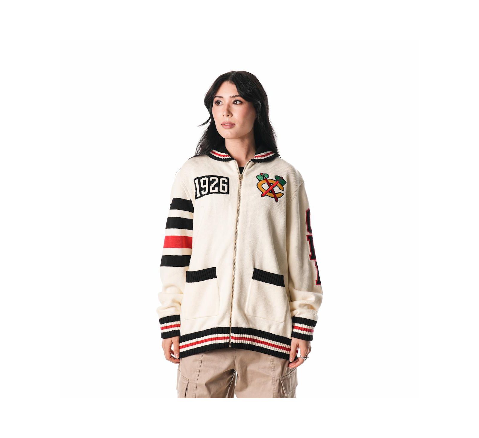 Мужской и женский свитер The Wild Collective Cream Chicago Blackhawks Jacquard Full-Zip