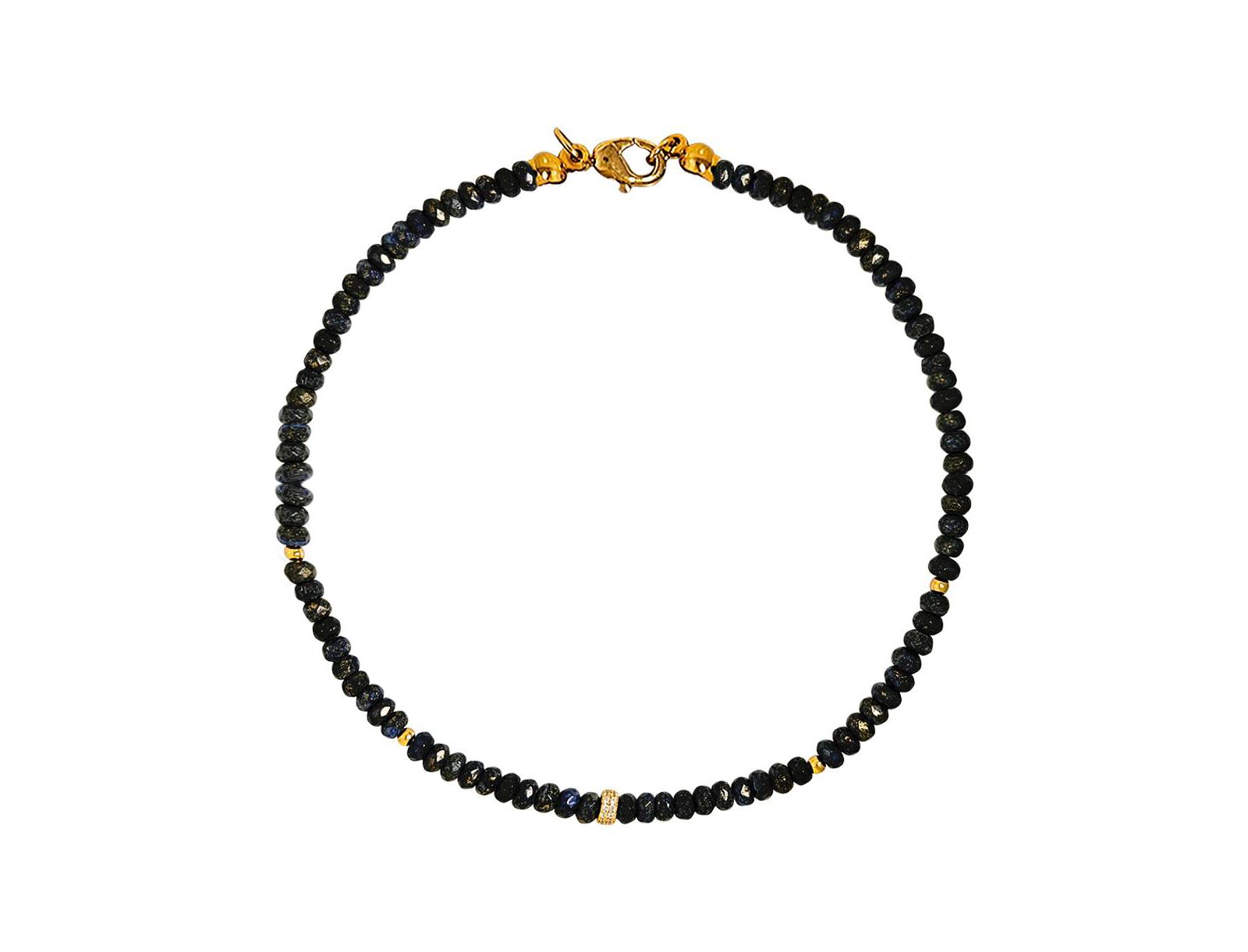 Created Sapphire Beads with Toned Rondel Necklace Paved with Cubic Zirconia 16 inches