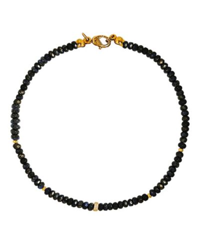 Created Sapphire Beads with Toned Rondel Necklace Paved with Cubic Zirconia 16 inches