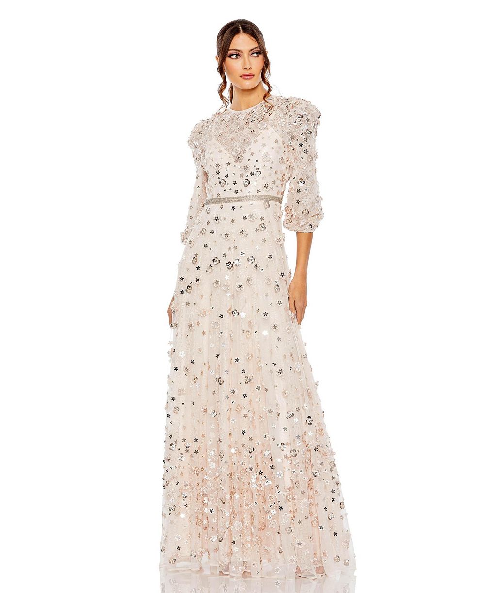 Женское вечернее платье Mac Duggal А-силуэта с высоким воротником, пышными рукавами и цветочными аппликациями