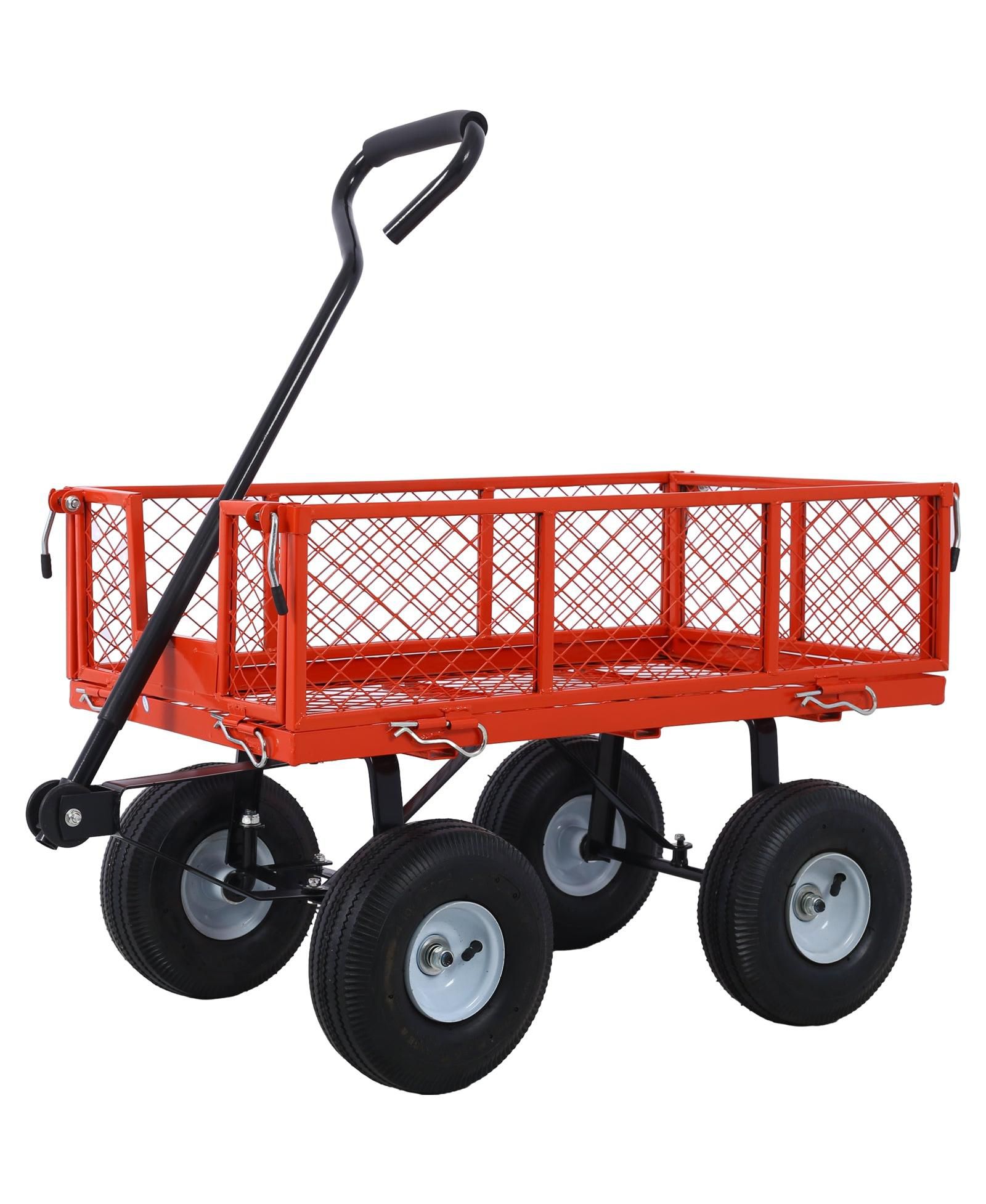 Steel Garden Cart, Steel Mesh Removable Sides, 3 cu ft, 550 lb Capacity, red