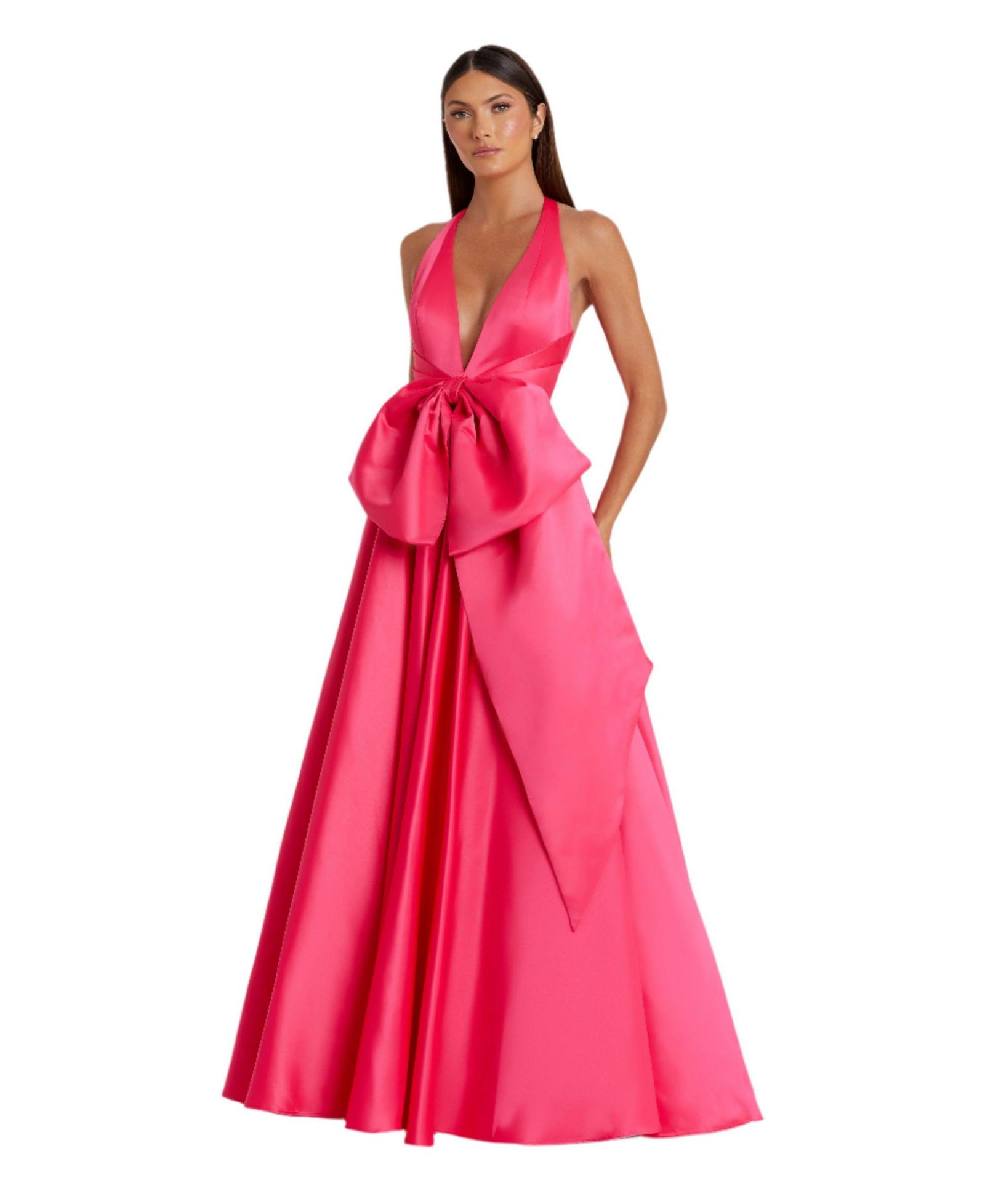 Женское вечернее платье Mac Duggal Sleeveless Deep V Satin Gown With Oversized Bow