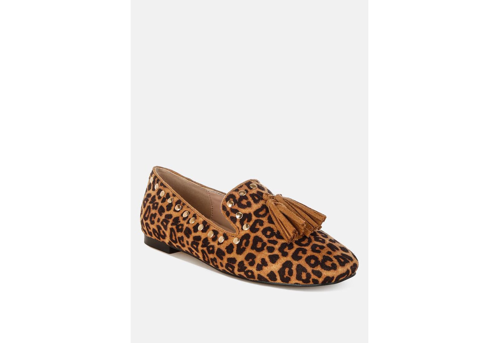 Rag & Co Women's Niloha Studs and Tassels Detail Leopard Loafers