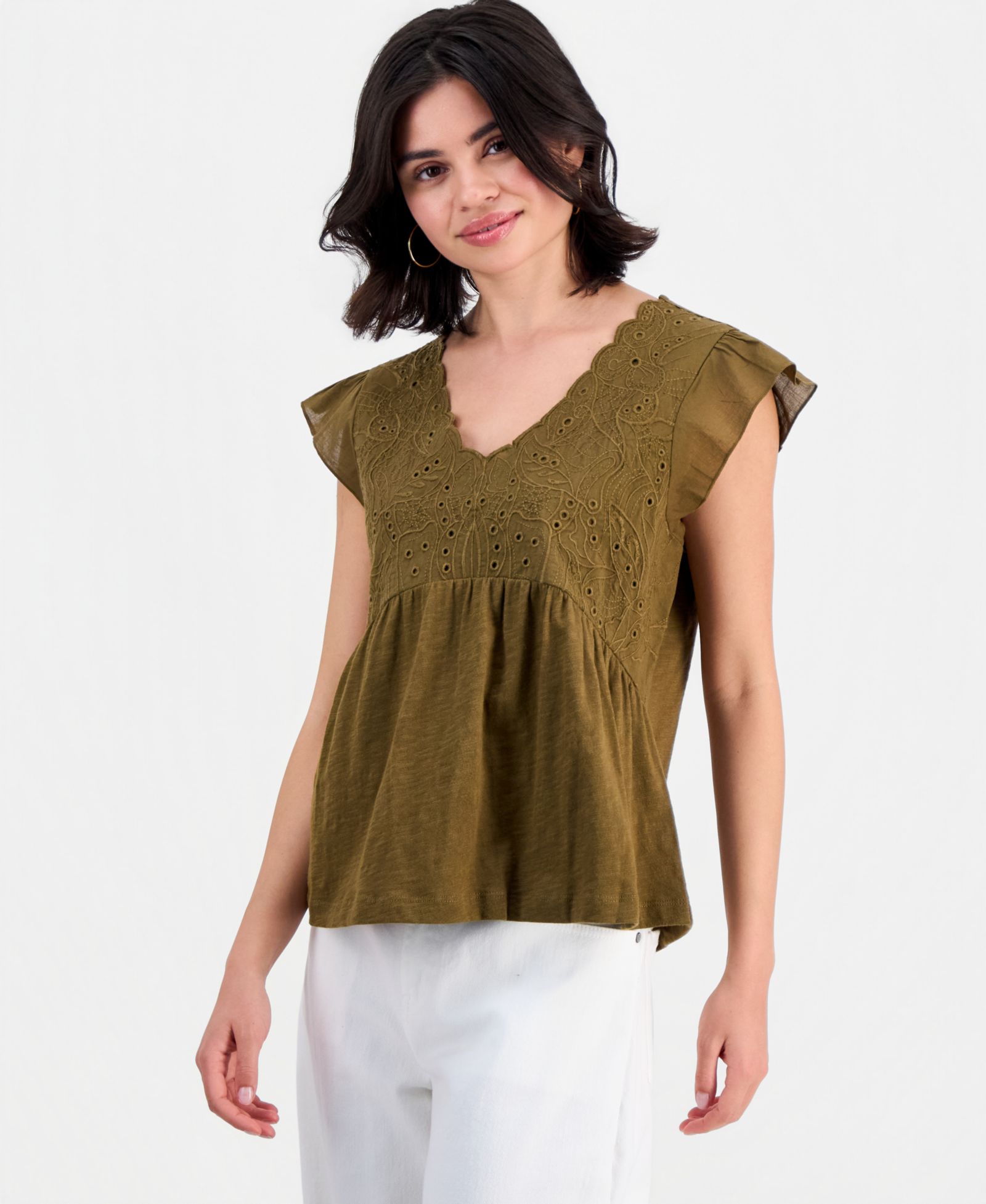 Женский топ Democracy Petite Embroidered Cotton Flutter-Sleeve