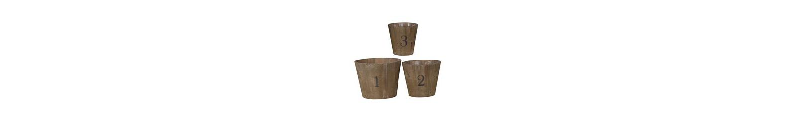 Set of 3 Round Wooden Planters Various Sizes for Indoor Use-Brown