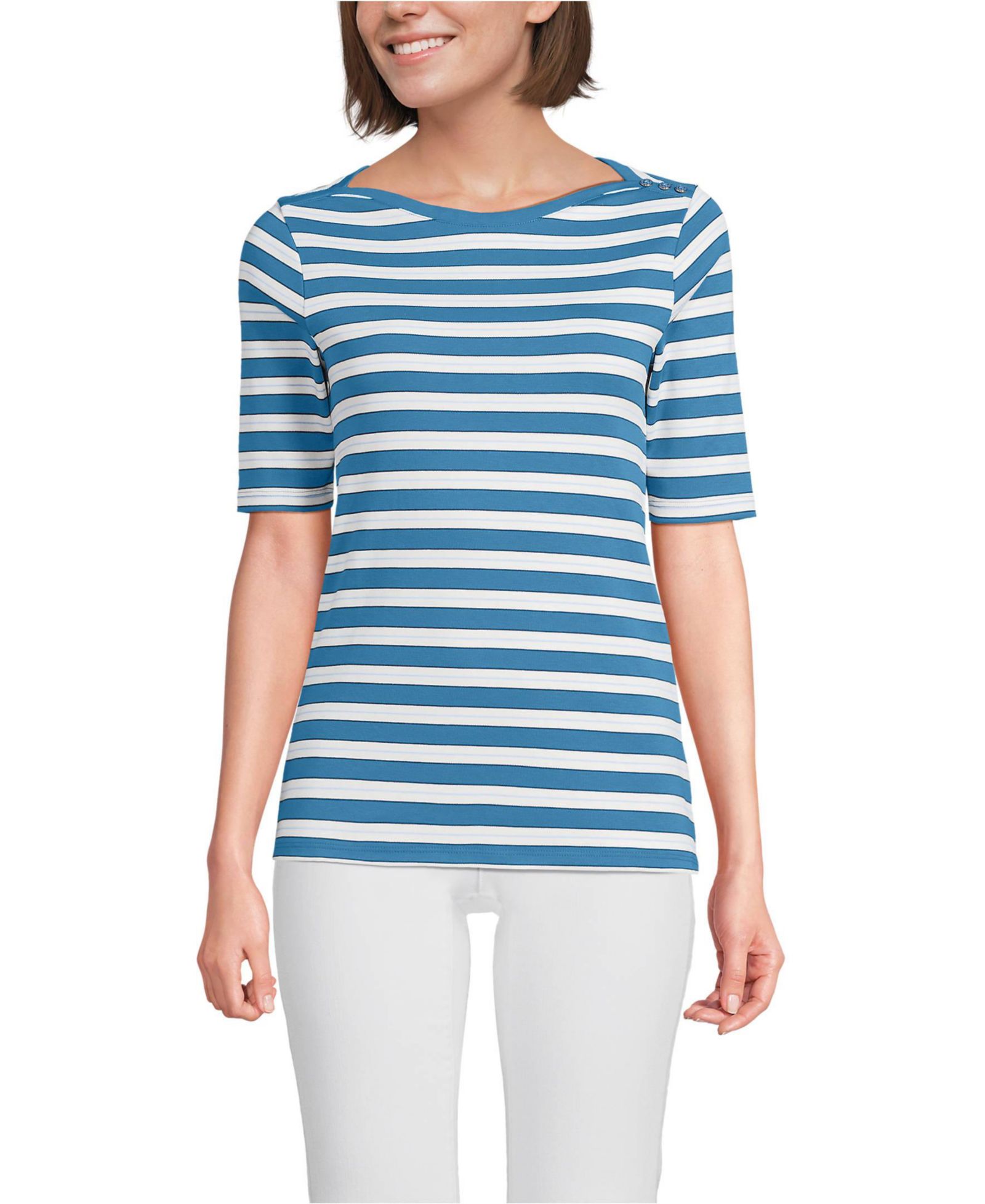 Женская футболка Lands' End Supima Cotton Elbow Sleeve Boatneck Button Shoulder