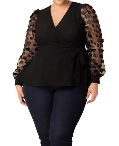 Kiyonna Plus Size Scattered Petals Long Sleeve Wrap Top