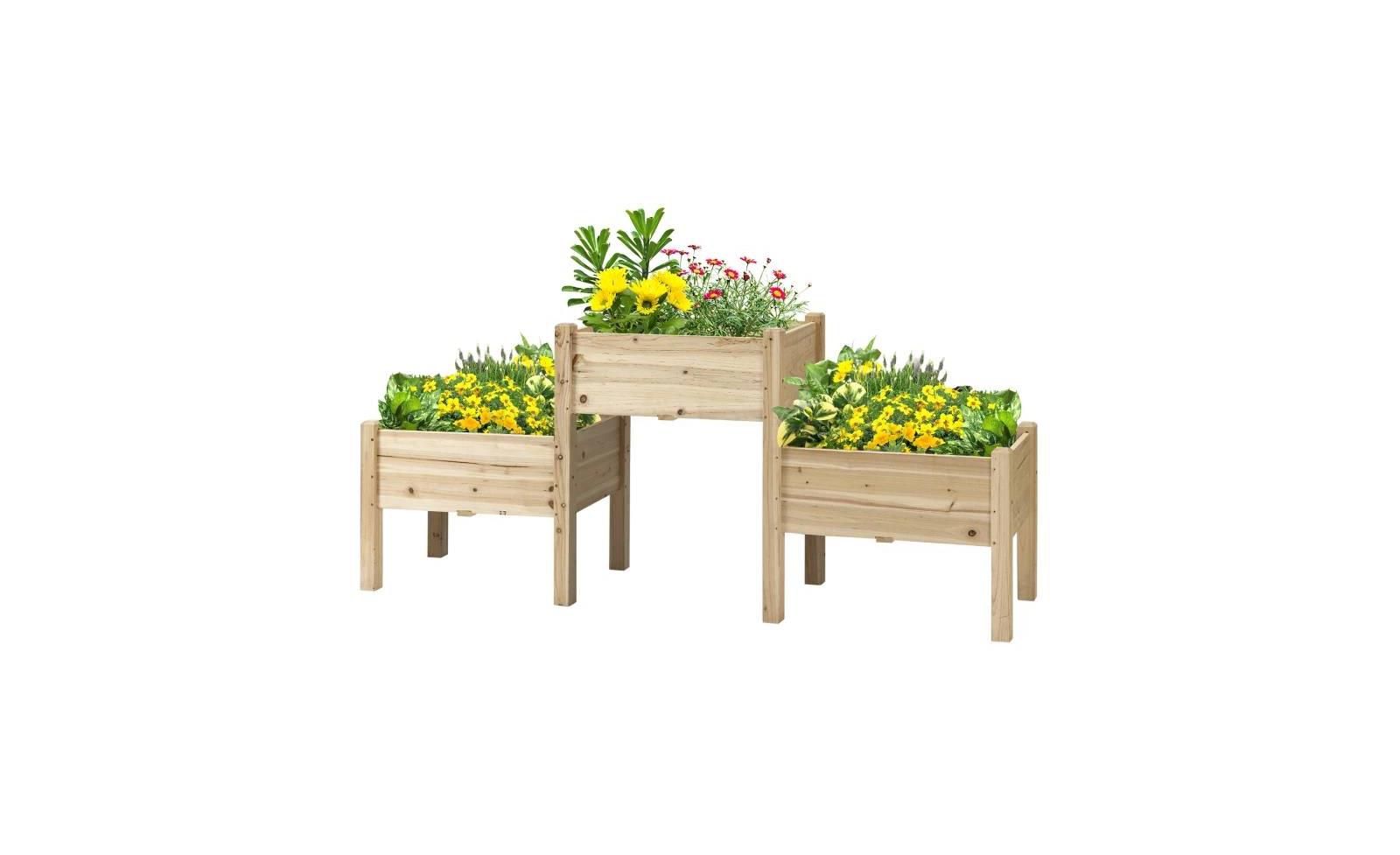 Set of 3 Wooden Elevated Planter Raised Garden Beds for Outdoor Gardening