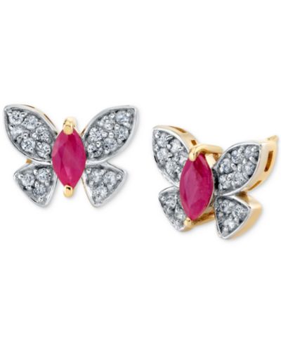 Серьги-гвоздики Ruby (1/2 ct. t.w.) & Diamond (1/5 ct. t.w.) Butterfly в 14k Yellow Gold