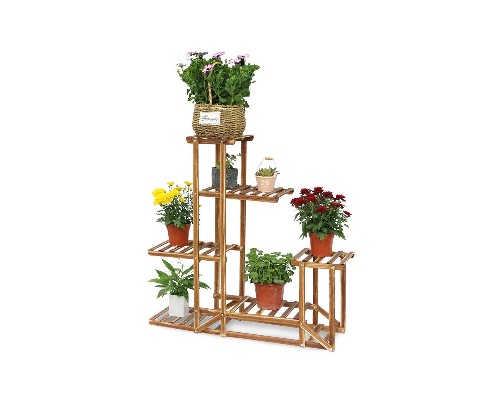 UNHO 6 Tier Large Size Flower Planter Rack Plant Stand Garden Decor Planter Display Pine Wood
